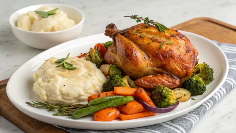 Juicy golden-brown rotisserie chicken on a cutting board, garnished with fresh herbs."