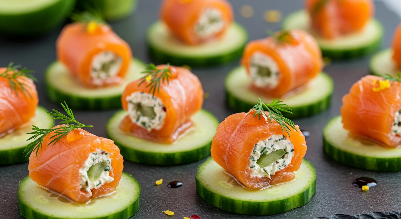 "Elegant smoked salmon rolls filled with creamy filling, delicately placed on crisp cucumber slices and garnished with fresh herbs."