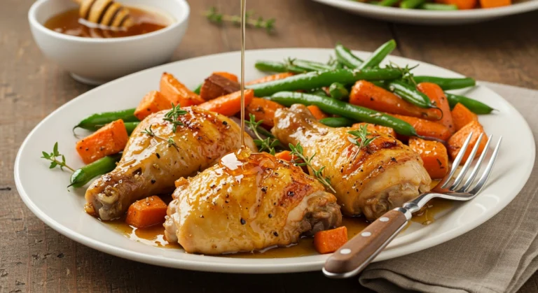 "Golden, tender honey-glazed chicken thighs drizzled with a sweet glaze, served on a rustic platter with lemon wedges."