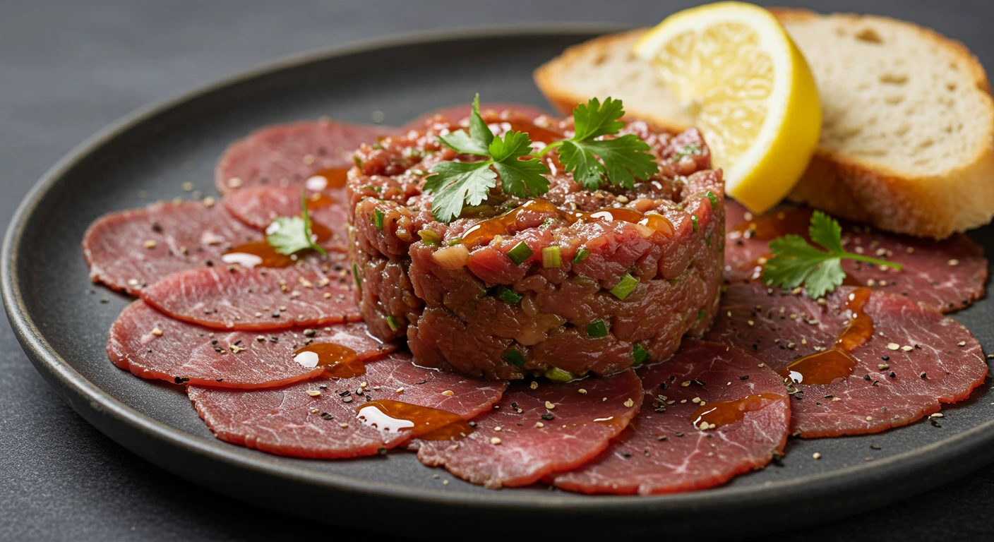 Raw Meat Appetizers featuring thinly sliced beef, fresh herbs, and flavorful garnishes, perfect for a bold and elegant starter."