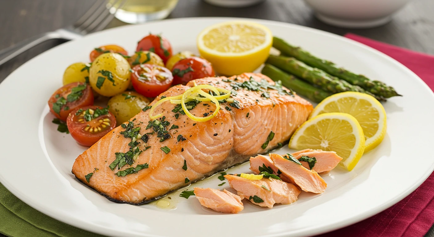 Coho salmon marinated with fresh herbs and lemon, garnished with rosemary and lemon wedges."