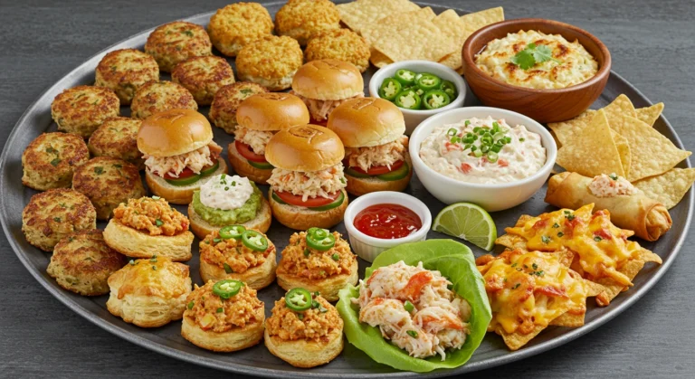 An assortment of crab meat appetizers including crab cakes, stuffed mushrooms, spring rolls, sliders, and more, garnished with fresh herbs and sauces on a platter."