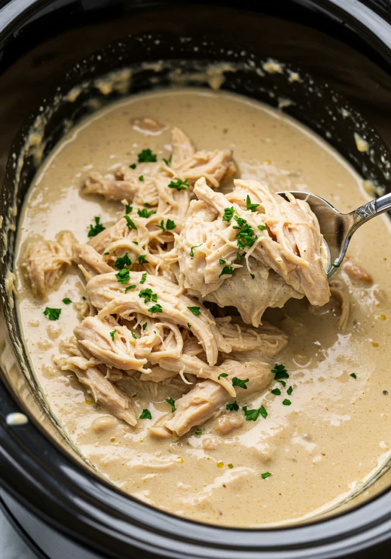 "Crockpot chicken dressing with shredded chicken and herbs, served warm."