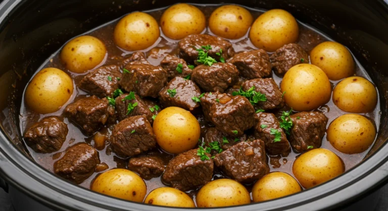 Easy Crockpot Steak and Potatoes: Tender steak and perfectly cooked potatoes in a savory slow-cooked meal."