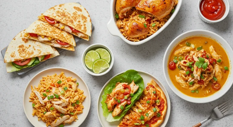 "Delicious dishes made with leftover rotisserie chicken, showcasing a variety of quick and easy recipes full of flavor."