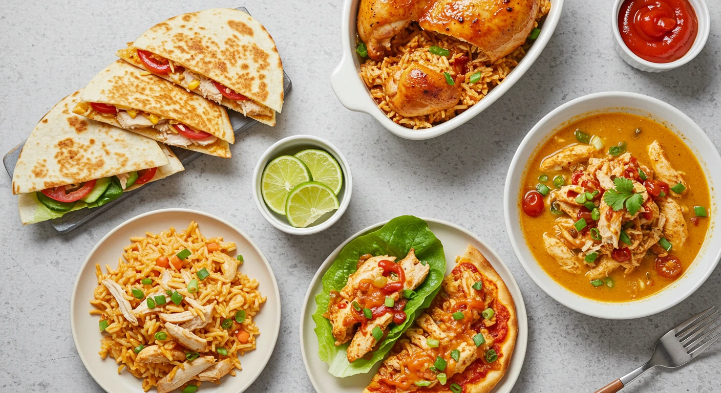"Delicious dishes made with leftover rotisserie chicken, showcasing a variety of quick and easy recipes full of flavor."