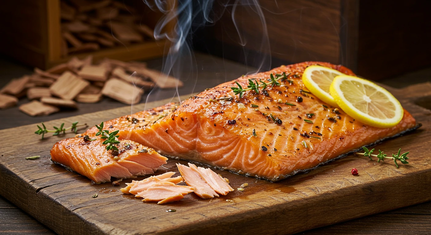 "Fresh salmon fillets being smoked over an open flame, with rich orange hues and wisps of smoke enhancing the texture."