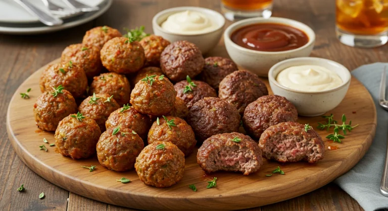 "Delicious ground beef appetizers, including mini meatballs, garnished with fresh herbs, served on a platter with dipping sauces."