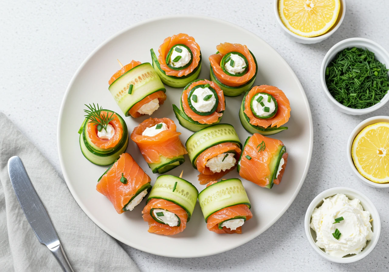 "Fresh smoked salmon cucumber rolls elegantly arranged on a white plate, garnished with fresh herbs for a light and flavorful appetizer."