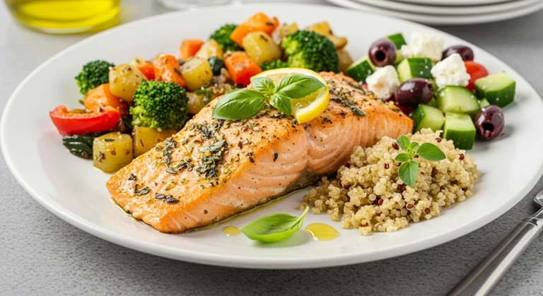"Pan-seared Mediterranean salmon garnished with fresh herbs and lemon slices."