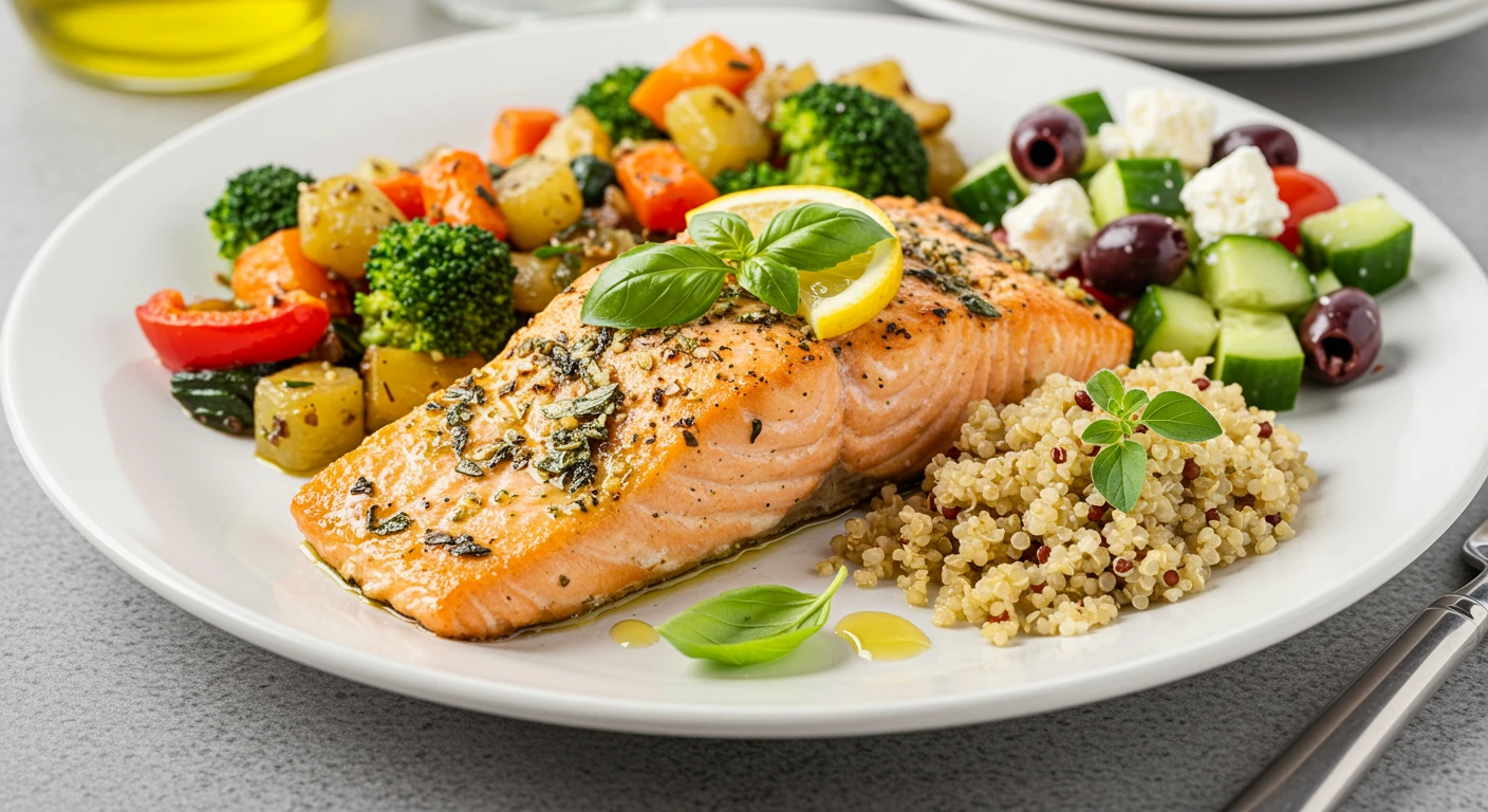 "Pan-seared Mediterranean salmon garnished with fresh herbs and lemon slices."