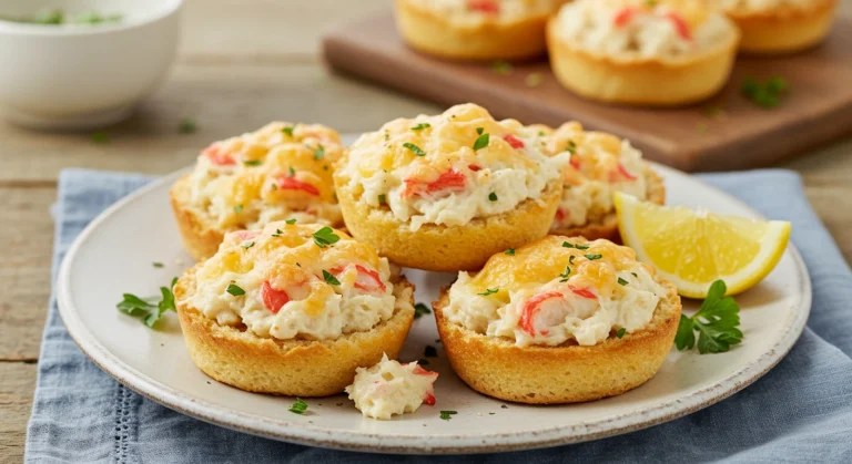 "Delicious Old English Crab Melt Muffins with creamy crab filling and melted cheese"