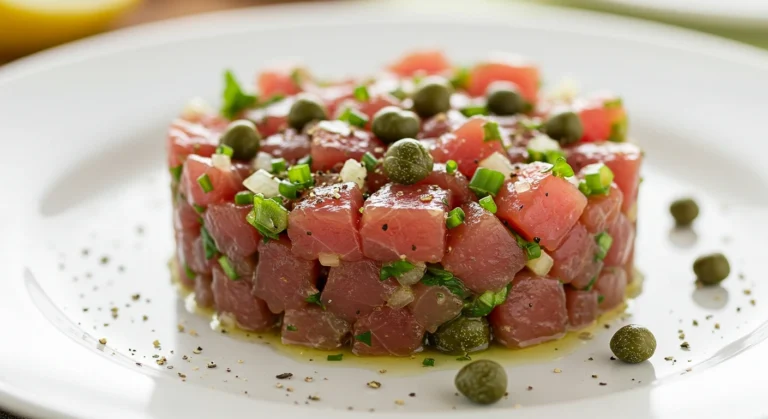 Fresh and flavorful Tuna Tartare made with finely chopped tuna, savory seasonings, and a hint of citrus, offering a light and elegant appetizer."