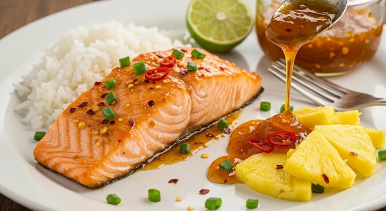 "Pineapple Chili Salmon fillets glazed with a sweet and spicy pineapple chili sauce, garnished with fresh cilantro.