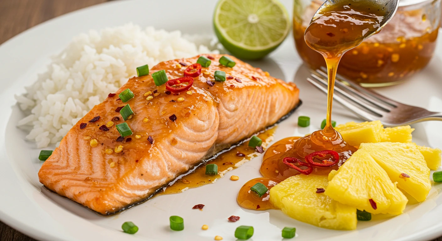 "Pineapple Chili Salmon fillets glazed with a sweet and spicy pineapple chili sauce, garnished with fresh cilantro.