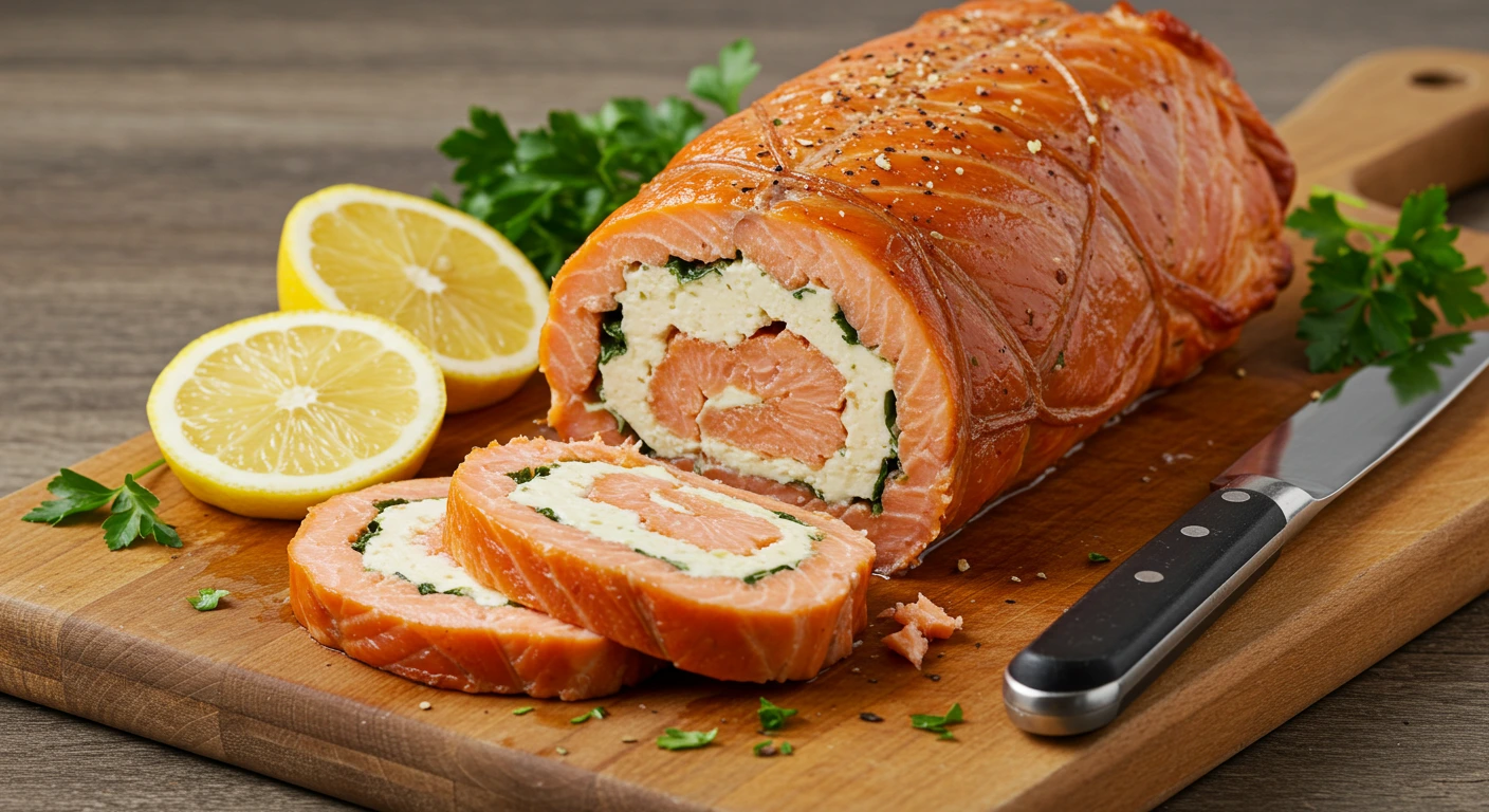 "Baked salmon roulade stuffed with creamy filling, rolled to perfection and garnished with fresh herbs, served on a white plate with lemon wedges."