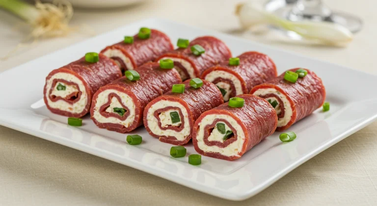 Close-up of Dried Beef Roll Ups with creamy cheese filling and fresh herbs, neatly arranged as bite-sized appetizers on a clean surface."
