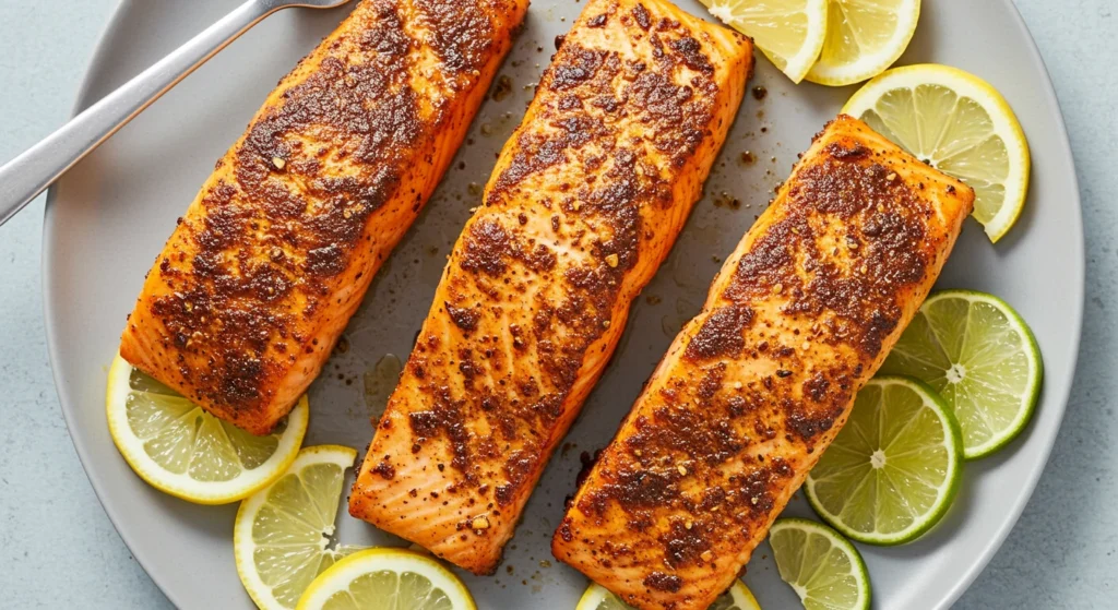 "Blackened salmon with a crispy, spiced crust and lemon wedges."