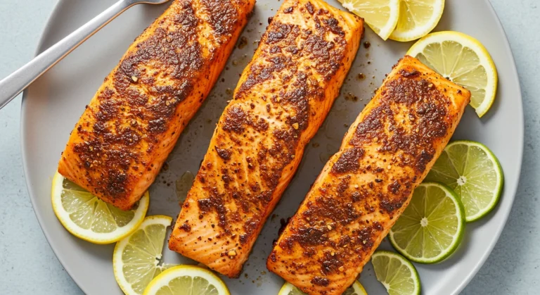 "Blackened salmon with a crispy, spiced crust and lemon wedges."