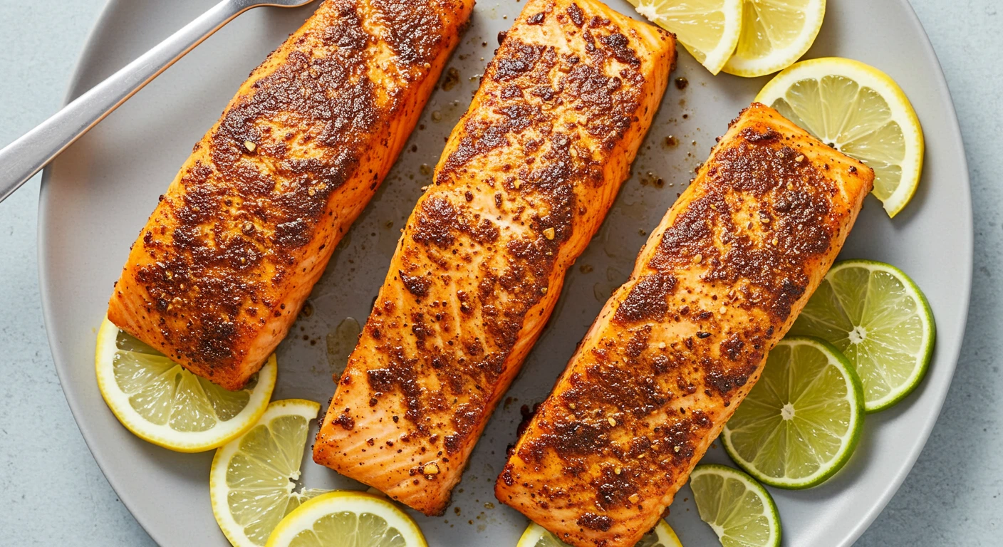 "Blackened salmon with a crispy, spiced crust and lemon wedges."