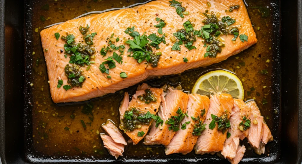 Marinated baked salmon fillets garnished with parsley and lemon.