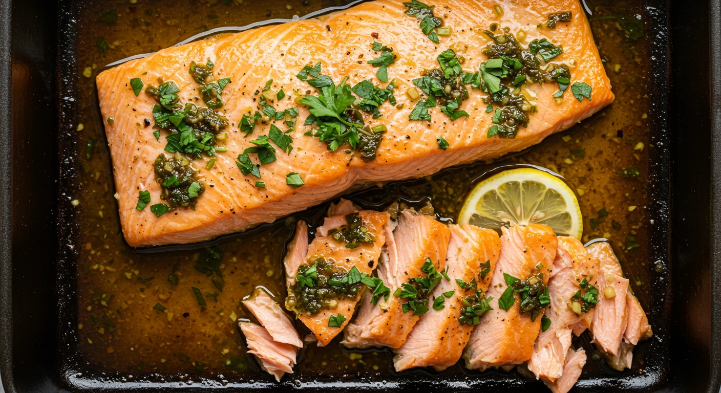 Marinated baked salmon fillets garnished with parsley and lemon.