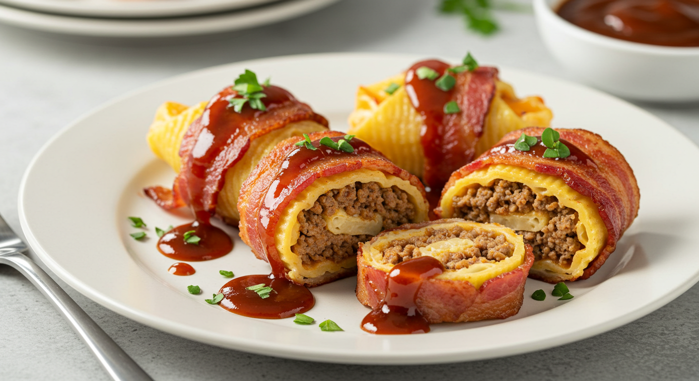 "Smoked Shotgun Shells wrapped in crispy bacon, stuffed with meat and cheese, drizzled with BBQ sauce."