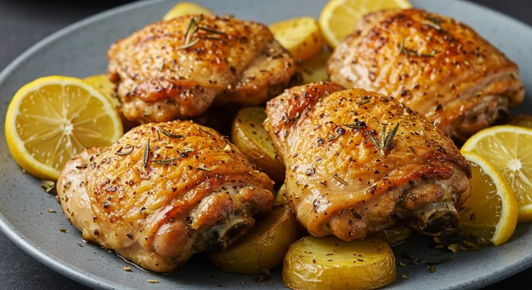 Tender, golden-brown boneless chicken thighs seasoned with herbs and spices.