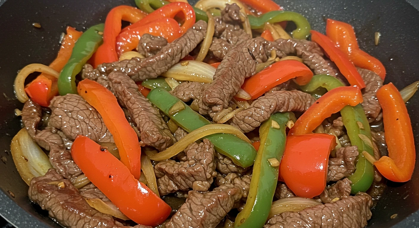Stir-fried Black Pepper Beef with colorful bell peppers."