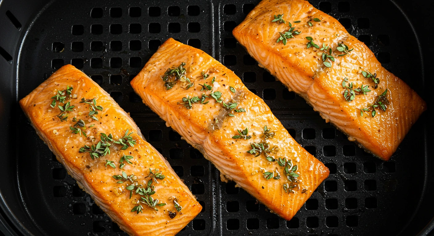 "Air-fried frozen salmon, crispy outside and flaky inside, garnished with fresh herbs."