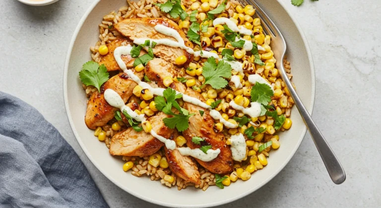"Street Corn Chicken Rice Bowl featuring tender chicken, smoky street corn, flavorful rice, fresh herbs, and a creamy sauce for a vibrant and satisfying meal."