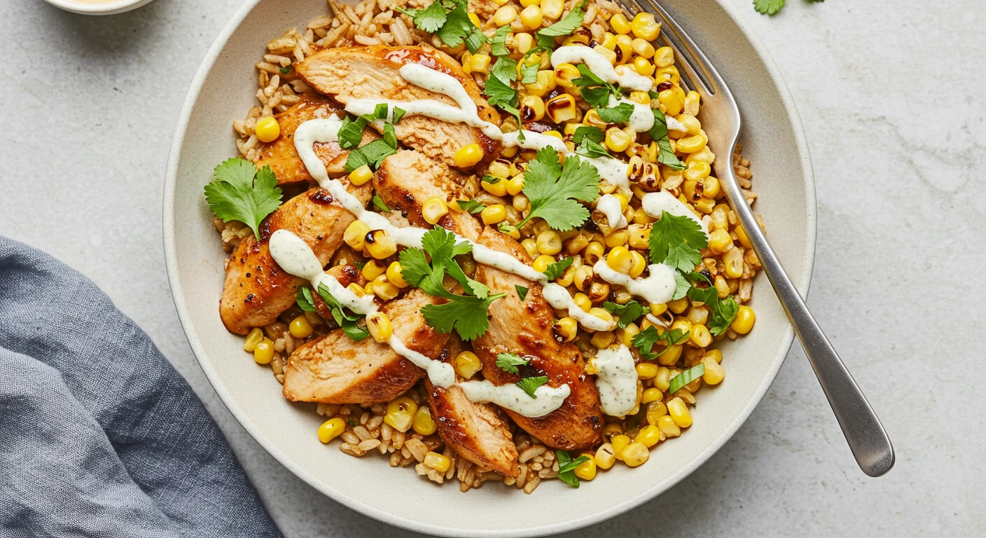 "Street Corn Chicken Rice Bowl featuring tender chicken, smoky street corn, flavorful rice, fresh herbs, and a creamy sauce for a vibrant and satisfying meal."