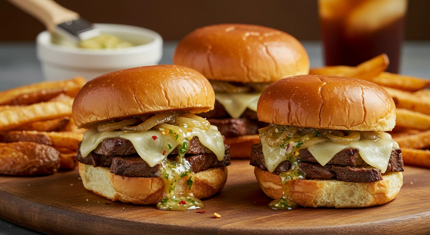 "Juicy Cowboy Butter Steak Sliders on toasted brioche buns, topped with melted provolone and drizzled with garlic-herb cowboy butter, served with crispy fries."