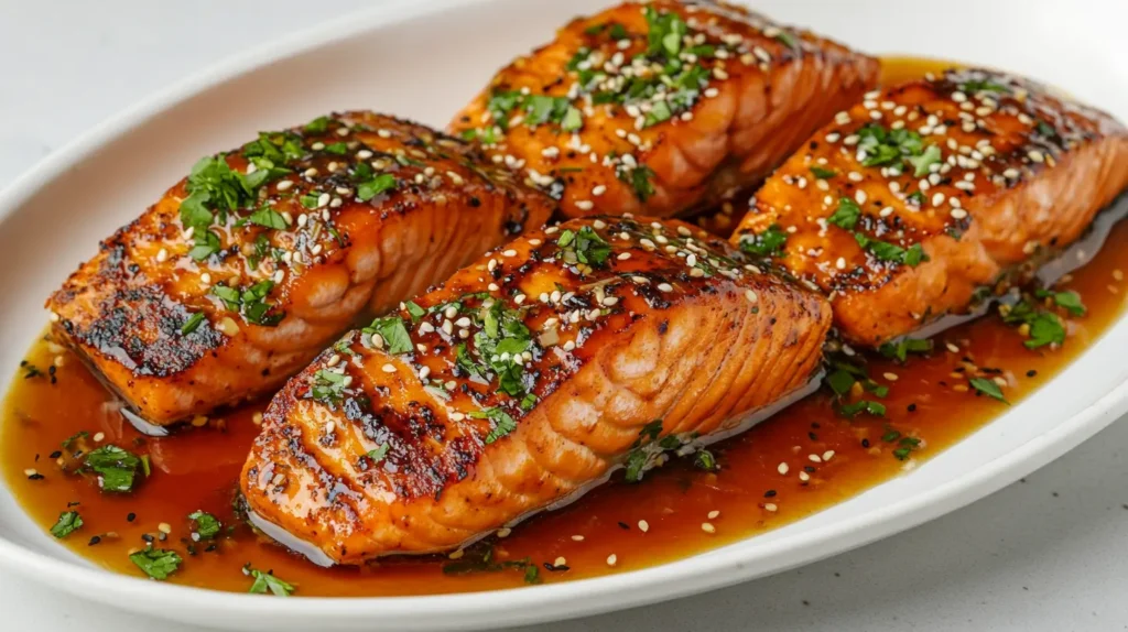 Cajun Honey Butter Salmon with a golden, caramelized crust, glazed in sweet and spicy honey butter