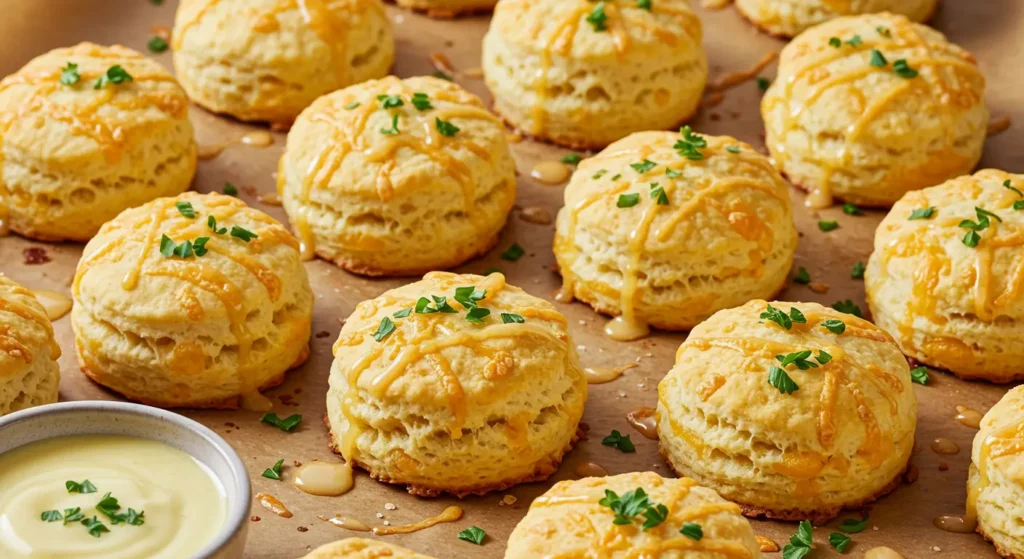 Golden, buttery Red Lobster Cheddar Bay Biscuits with a cheesy, garlicky topping.