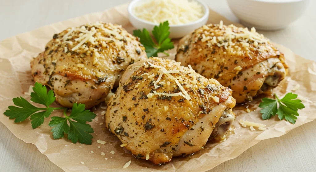 Crispy baked ranch chicken thighs with golden skin and juicy meat.