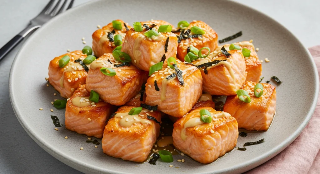 Crispy Bang Bang Salmon in the Air Fryer topped with spicy, creamy sauce on a plate.
