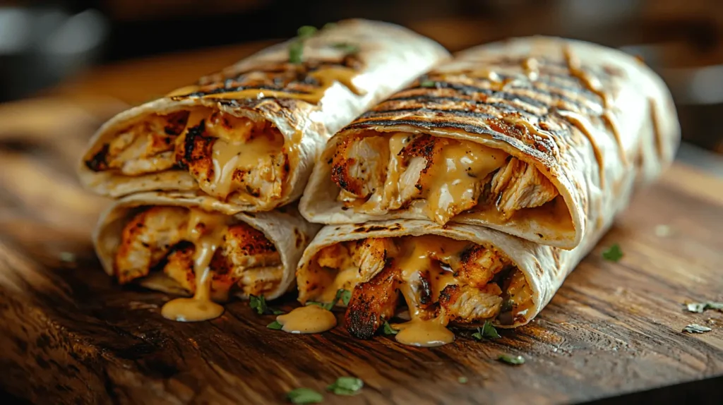 Cheesy Garlic Chicken Wraps with melted cheese and juicy chicken in a crispy tortilla