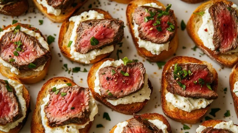Steak Crostini Recipe with savory herbs and a drizzle of sauce on crispy bread.