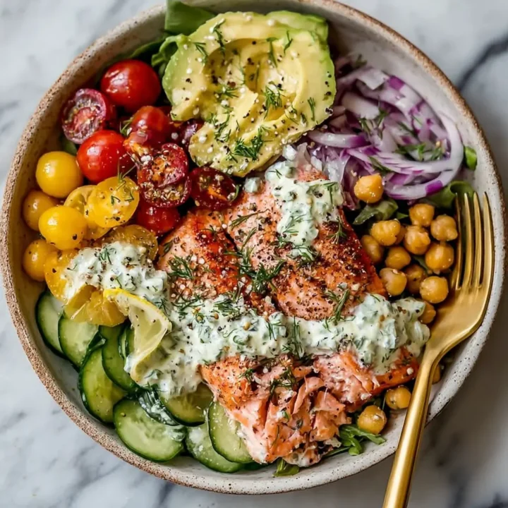 Mediterranean Salmon Bowl with Hummus and Quinoa