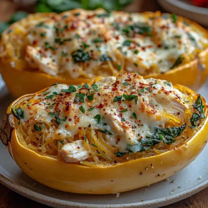 Garlic Parmesan Stuffed Spaghetti Squash with Chicken and Spinach Recipe