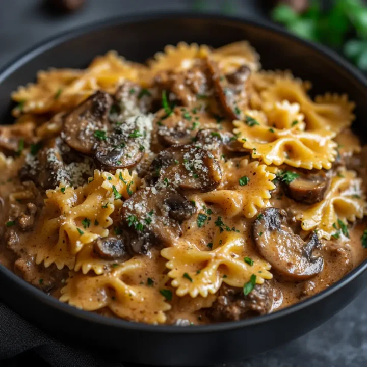 Creamy Beef and Bow Tie Pasta with mushrooms