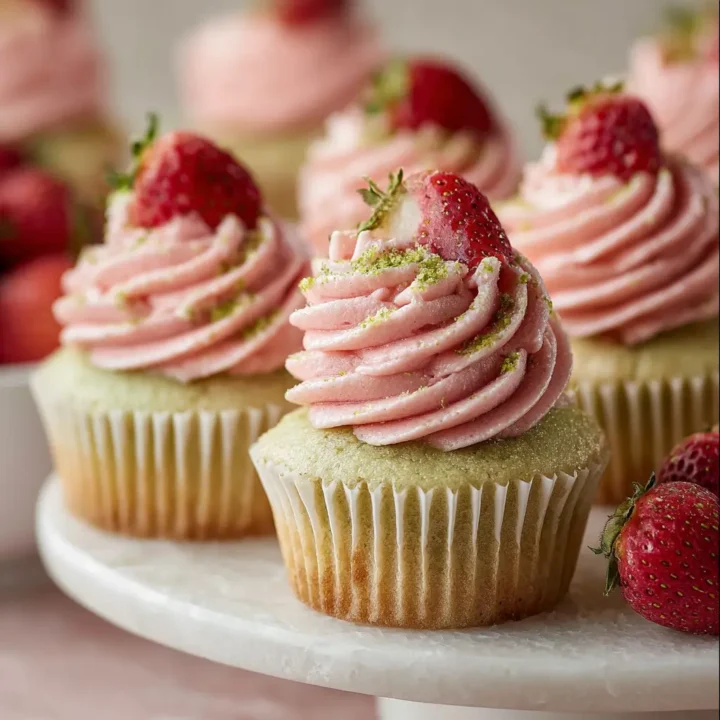 Pistachio Cupcakes Topped with Strawberry Buttercream