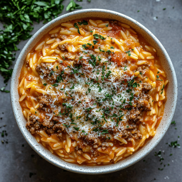 Ground Beef Orzo with Tomato Cream Sauce