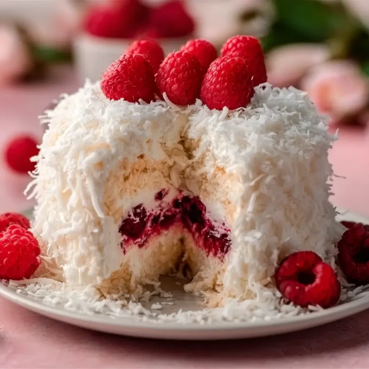 Raspberry Coconut Snowball Cake