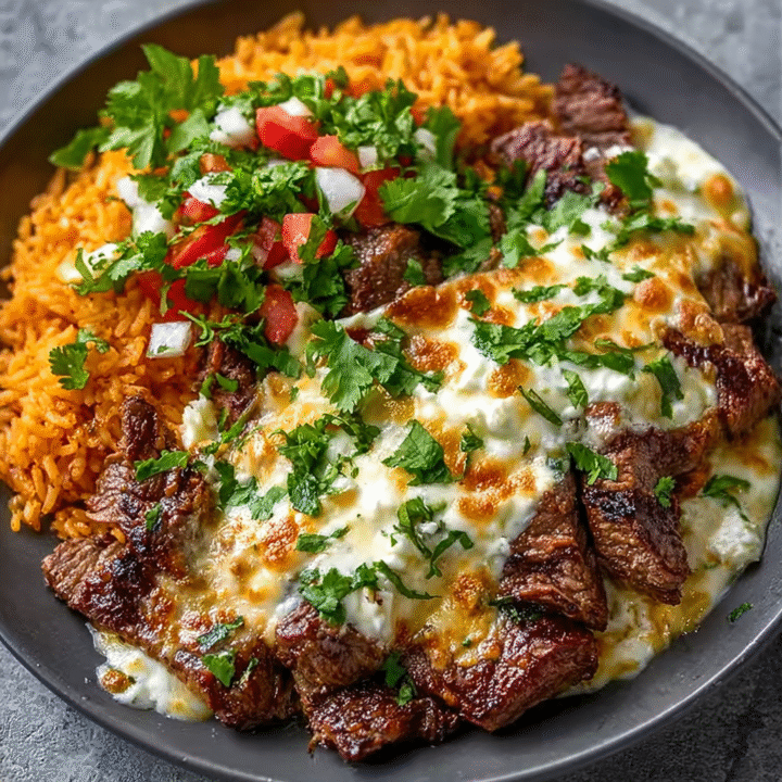 Baked Creamy Queso Rice with Juicy Steak Strips