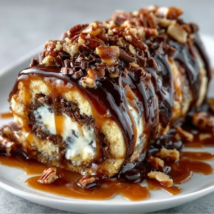 Gooey Chocolate Caramel Turtle Cake Roll