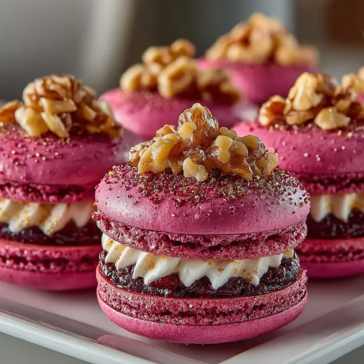 Savory Beet Macarons with Goat Cheese & Walnut Crunch