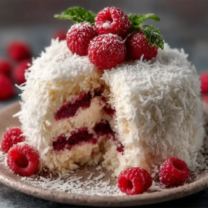 Raspberry Swirl Coconut Snowball Cake