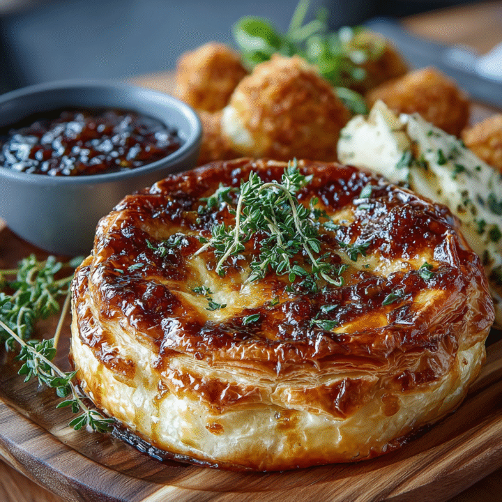 Baked Brie in Puffed Pastry with Honey, Fig, and Prosciutto